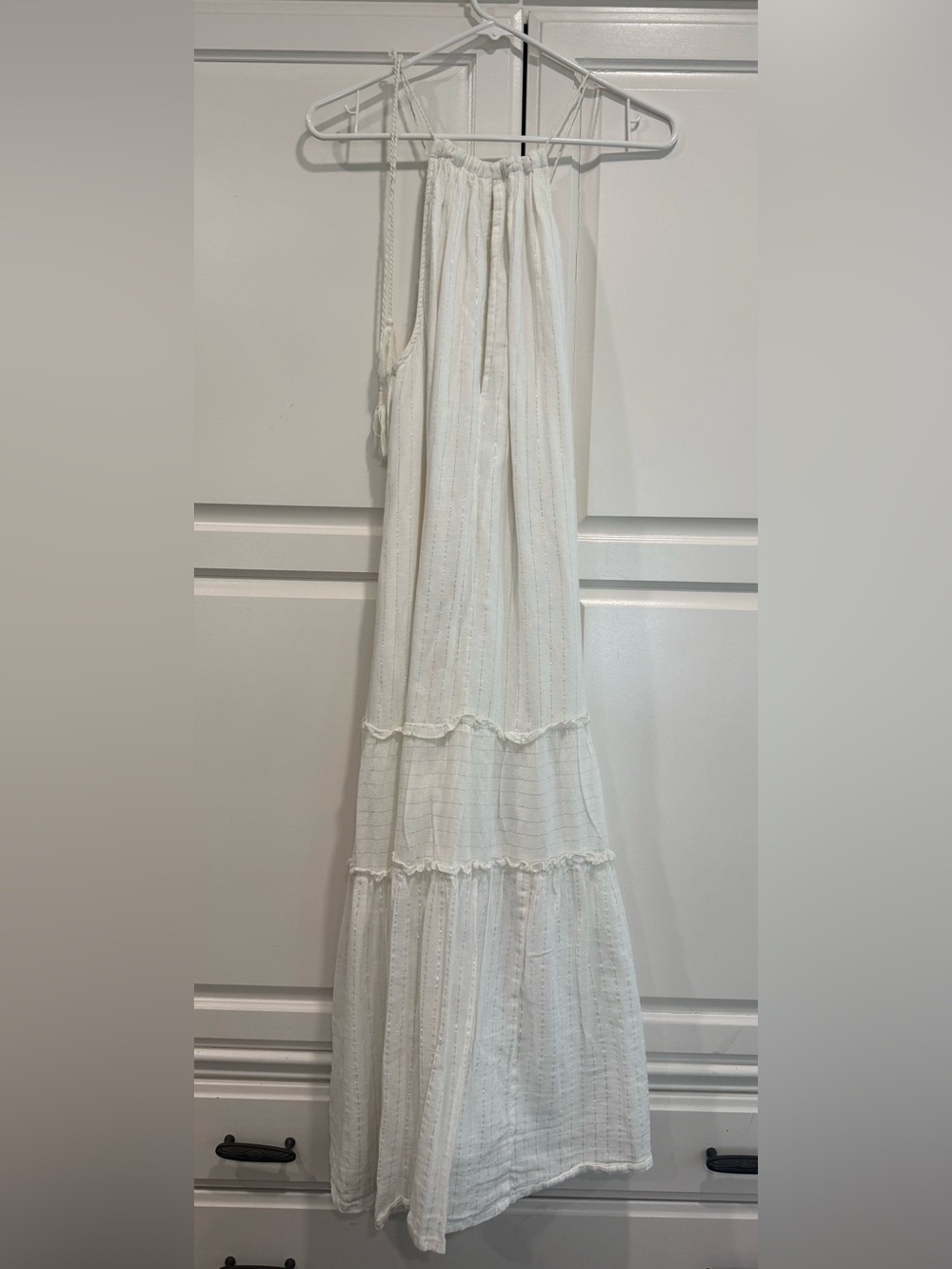 World Market Boho Tiered Midi Dress Ivory with Metallic Accent Size L/XL Cotton - Picture 2 of 10